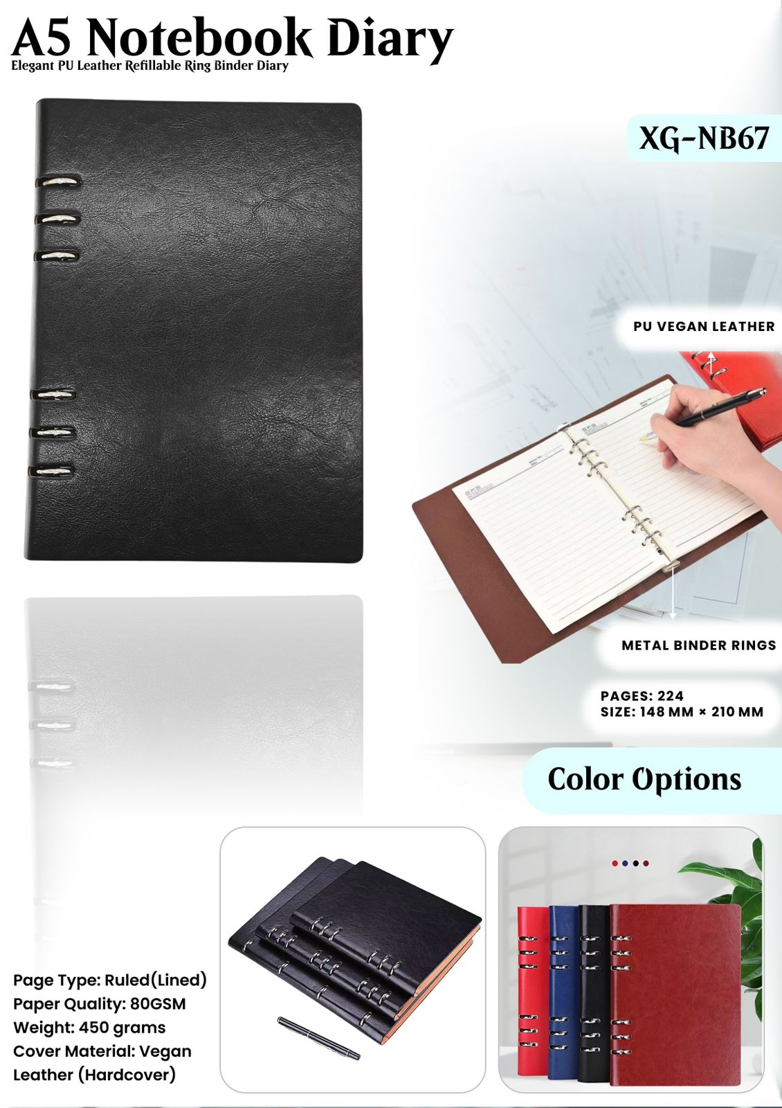 XG‑NB67 A5 Notebook Diary – Vegan Leather Ring Binder